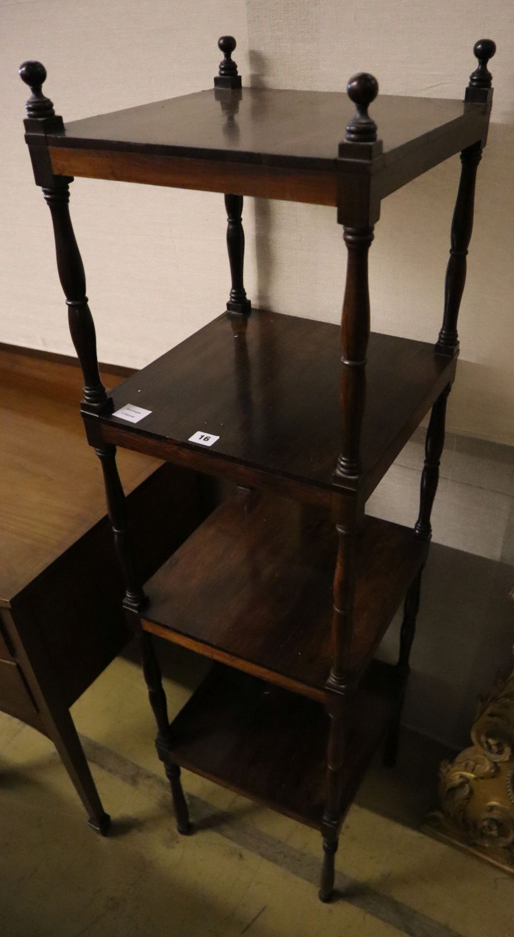 An early Victorian rosewood four tier whatnot, width 38cm depth 38cm height 148cm
